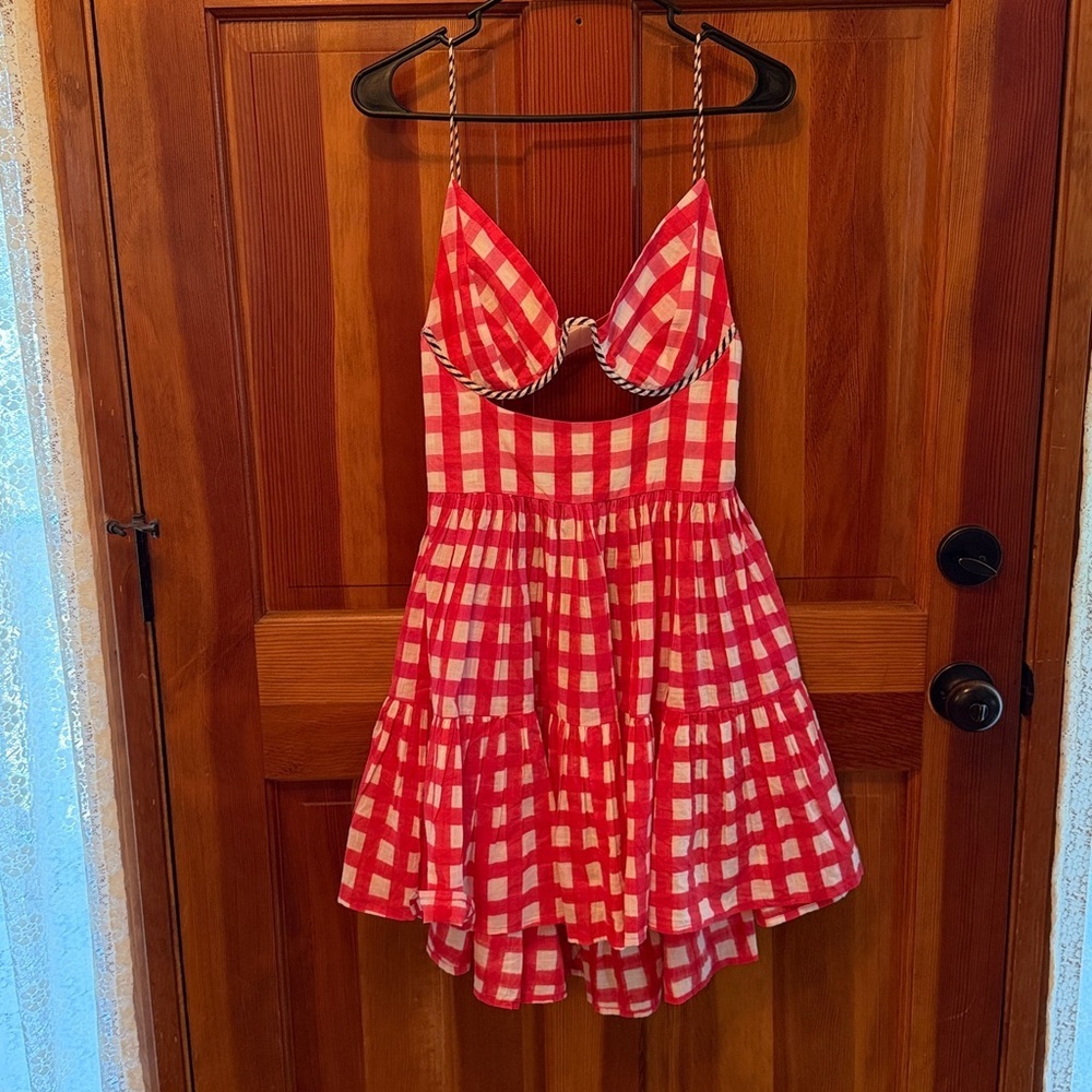 Red/pink and White Gingham cut out mini Dress M/L - Picture 3 of 17